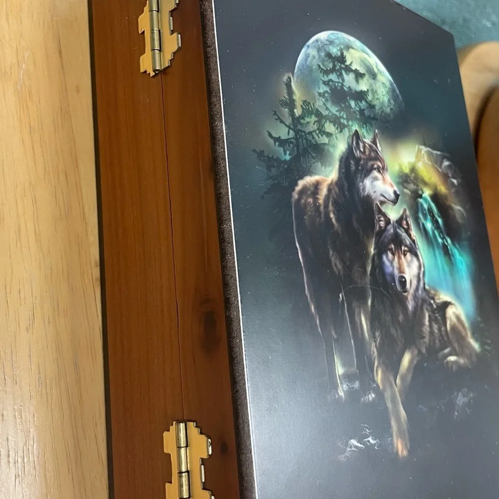 Wooden Jewelry Box with Wolf Print Design on top